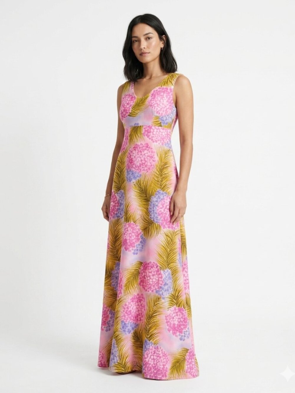 SUN FASHIONS OF HAWAII HONOLULU PINK COLORFUL SLEEVELESS EMPIRE WAIST LONG DRESS